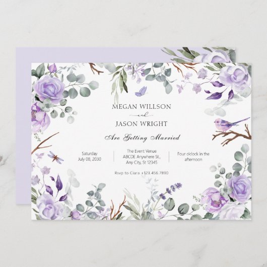 紫の素朴結婚な花 招待状 (正面/裏面)