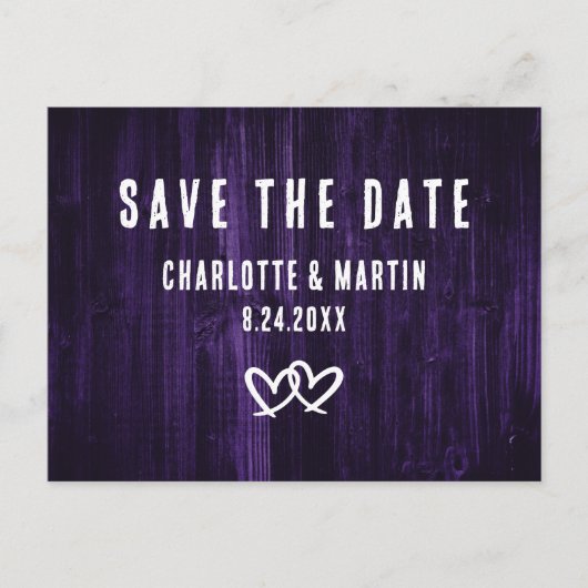 紫の素朴結婚式の日付はがきを保存 ポストカード (正面)