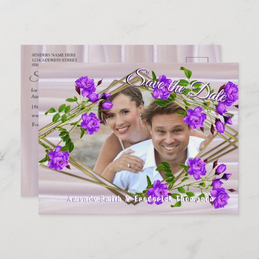 紫の紫のバラをバラピンクのシルクに 案内ポストカード (正面/裏面)