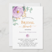 紫の紫の花模様の緑のブライダルシャワー 招待状 (正面)