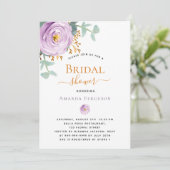 紫の紫の花模様の緑のブライダルシャワー 招待状 (スタンド正面)