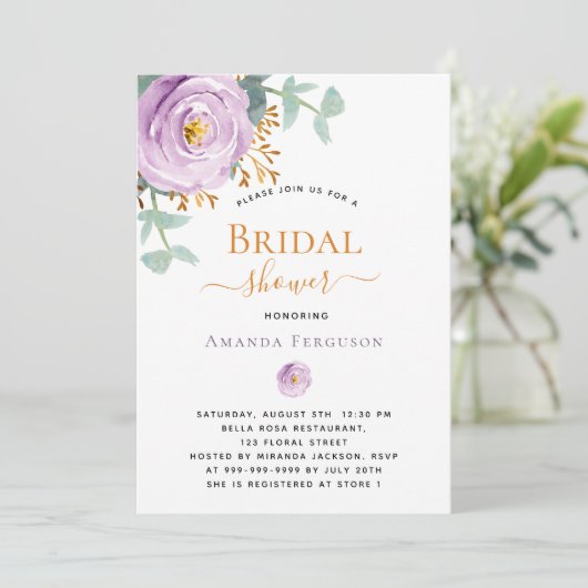 紫の紫の花模様の緑のブライダルシャワー 招待状 (スタンド正面)