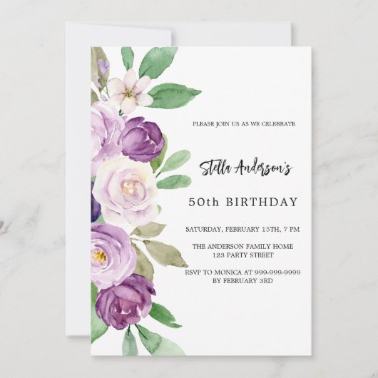 紫の紫の花模様誕生日 招待状 (正面)