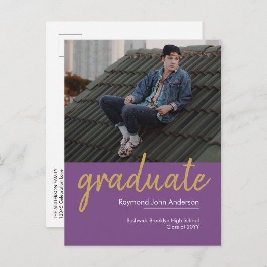 紫の紫エレガント紫の金ゴールドスクリプト写真の卒業 案内ポストカード (正面/裏面)