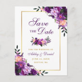 紫の紫エレガント色のフローラ金ゴールド日付の保存 案内ポストカード (正面)