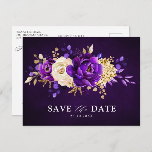 紫の紫王室の色の金ゴールドフローラ日付位置の保存 ポストカード (正面/裏面)