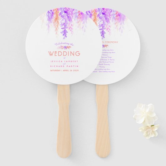 紫の結婚オレンジ色の花カスケードプログラムファン ハンドファン (正面&裏面)