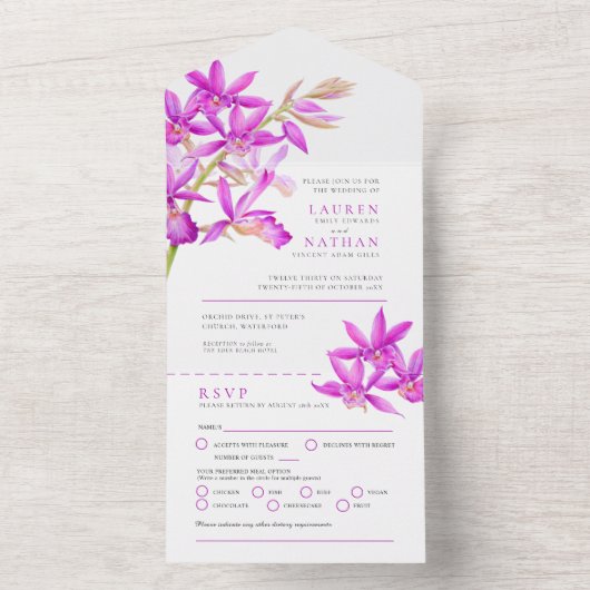 紫の結婚宝石オーキッド水の色の食事RSVP オールインワン招待状 (内側)