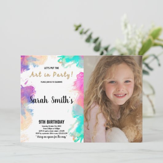 紫の絵を描誕生日招待状（写真あり） 招待状 (スタンド正面)
