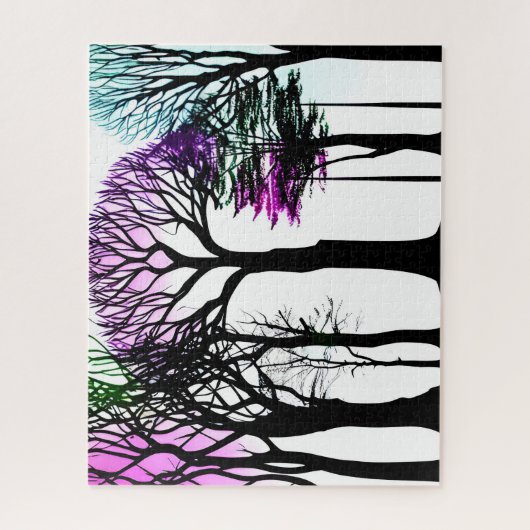 紫の緑と青のシルエット黒木 ジグソーパズル (縦)