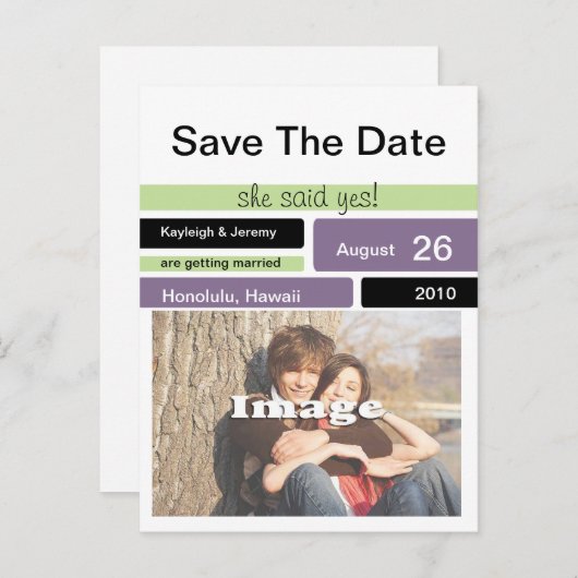 紫の緑と黒の日付を保存 案内ポストカード (正面/裏面)
