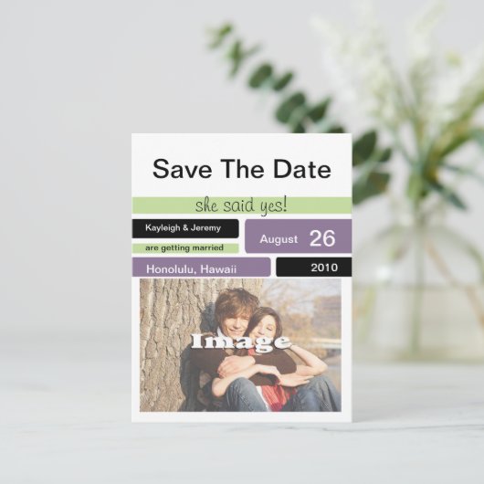 紫の緑と黒の日付を保存 案内ポストカード (スタンド正面)