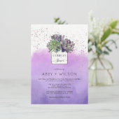 紫の緑のサボテン多肉夫婦のシャワー 招待状 (スタンド正面)