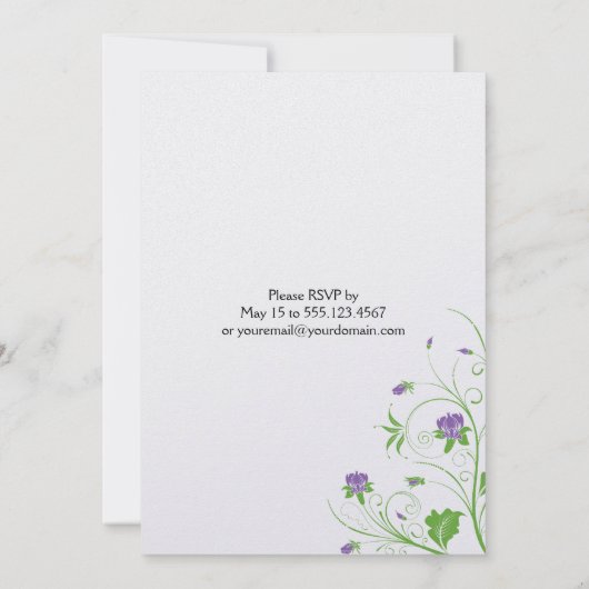 紫の緑のフローラがポスト結婚の有名人 招待状 (裏面)