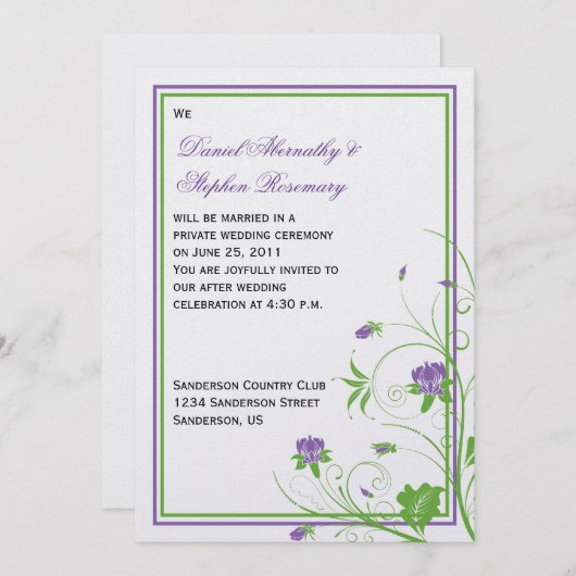紫の緑のフローラがポスト結婚の有名人 招待状 (正面/裏面)