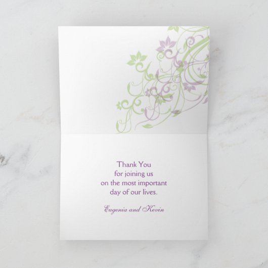 紫の緑のフローラが渦巻く結婚サンキューカード サンキューカード (内部)