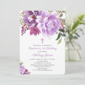 紫の緑のフローラバプテスマ1st最初の誕生日 招待状 (スタンド正面)