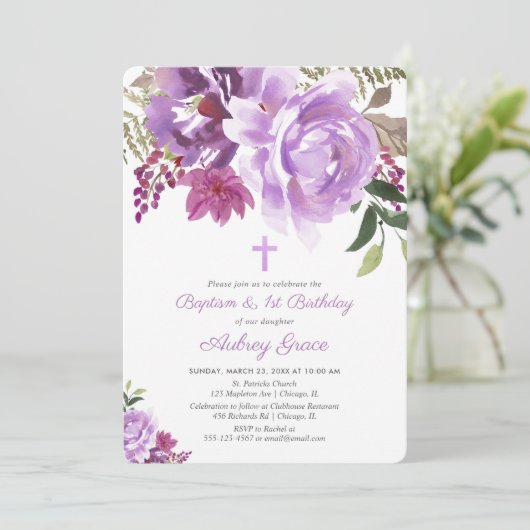 紫の緑のフローラバプテスマ1st最初の誕生日 招待状 (スタンド正面)