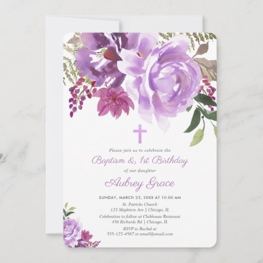 紫の緑のフローラバプテスマ1st最初の誕生日 招待状 (正面)
