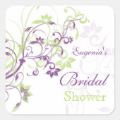 紫の緑のフローラ渦巻きブライダルシャワーシール スクエアシール (正面)