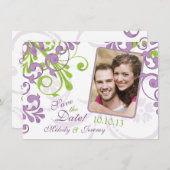 紫の緑のフローラ結婚の写真の日付を保存 セーブザデート (正面/裏面)