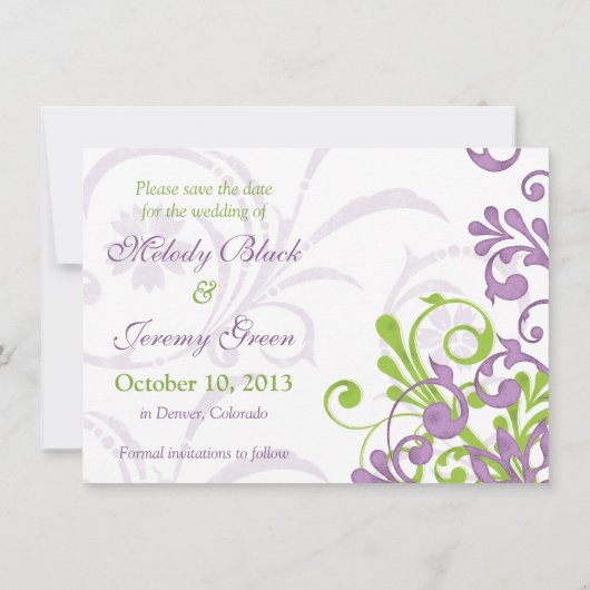 紫の緑のフローラ結婚の写真の日付を保存 セーブザデート (裏面)