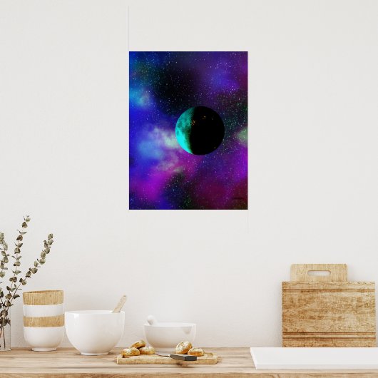 紫の緑の星雲の中の現住の月 ポスター (キッチン)