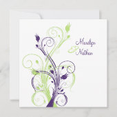 紫の緑の白いフローラの四角形結婚式招待状 招待状 (正面)