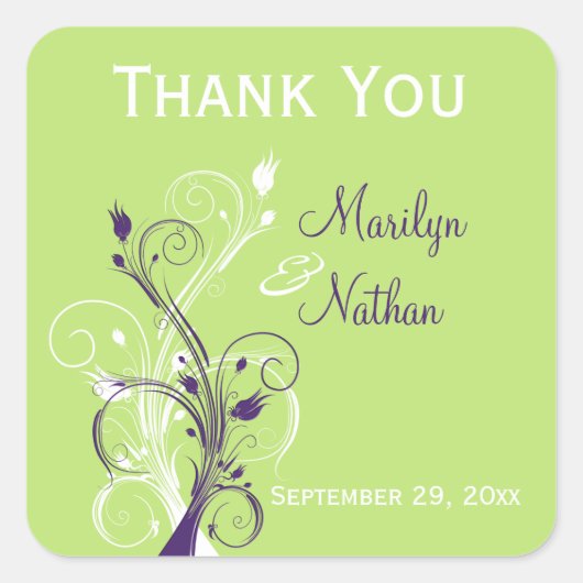 紫の緑の白いフローラ1.5インチ結婚のステッカー スクエアシール (正面)