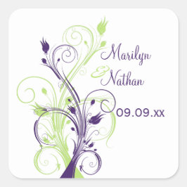 紫の緑の白いフローラ1.5インチ結婚のステッカー スクエアシール