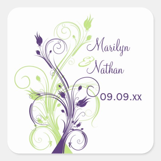 紫の緑の白いフローラ1.5インチ結婚のステッカー スクエアシール (正面)