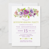 紫の緑の素朴なボホフローラ引っ越し祝いパーティーパーティー 招待状 (正面)