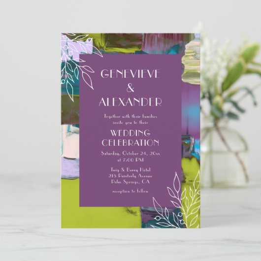 紫の緑の色彩の鮮やか抽象芸術フローラ結婚の 招待状 (スタンド正面)