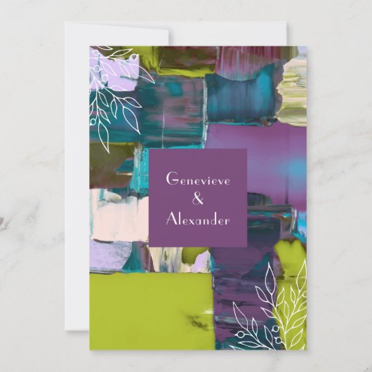 紫の緑の色彩の鮮やか抽象芸術フローラ結婚の 招待状 (裏面)