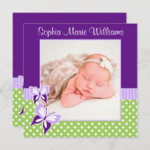 紫の緑の蝶の写真誕生のお知らせ 案内状 (正面/裏面)