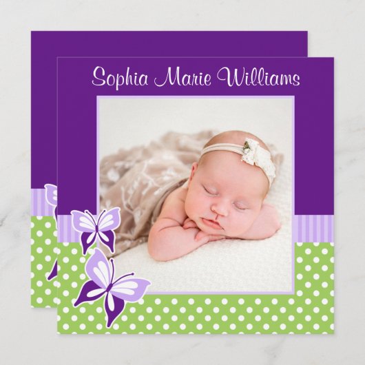 紫の緑の蝶の写真誕生のお知らせ 案内状 (正面/裏面)