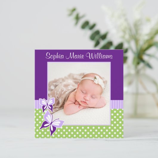 紫の緑の蝶の写真誕生のお知らせ 案内状 (スタンド正面)