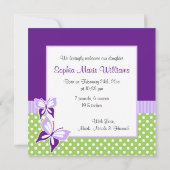 紫の緑の蝶の写真誕生のお知らせ 案内状 (裏面)
