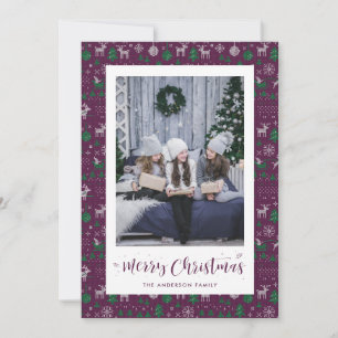 紫の緑の醜いセーターの写真のクリスマスカード シーズンカード