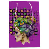 紫の緑の金ゴールド髪を持つマルディグラスウーマン ミディアムペーパーバッグ (正面)