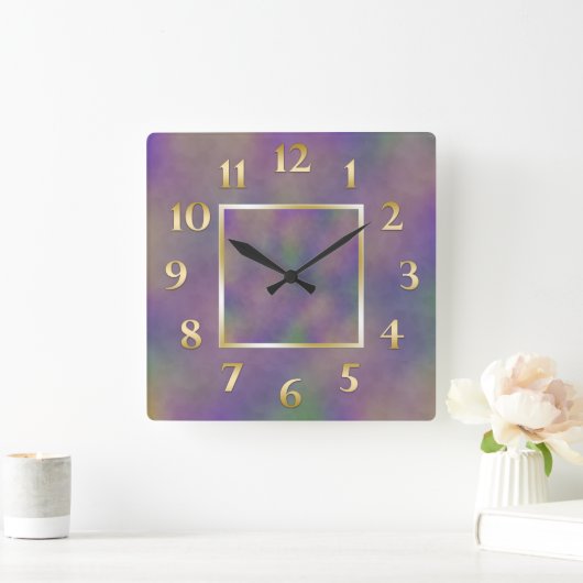 紫の緑の金属金ゴールド スクエア壁時計 (ホーム)