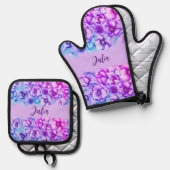 紫の縁どフローラ – 名前の追加 鍋つかみ&鍋敷きセット (正面/裏面)