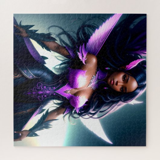 紫の翼を持つ黒い妖精の女の子スーパーヒーロー ジグソーパズル (横)