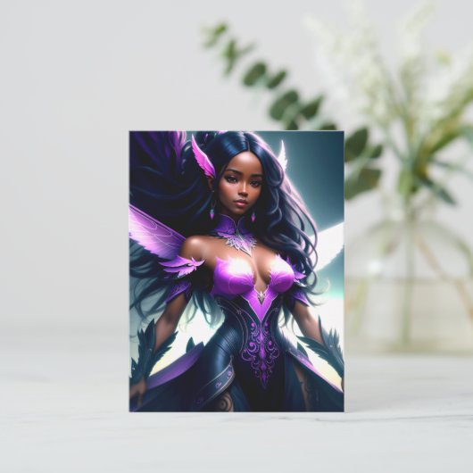 紫の翼を持つ黒い妖精の女の子スーパーヒーロー ポストカード (スタンド正面)