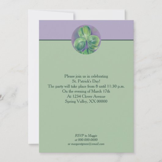 紫の聖パトリックの日に緑のクローバーのシャムロック 招待状 (正面)