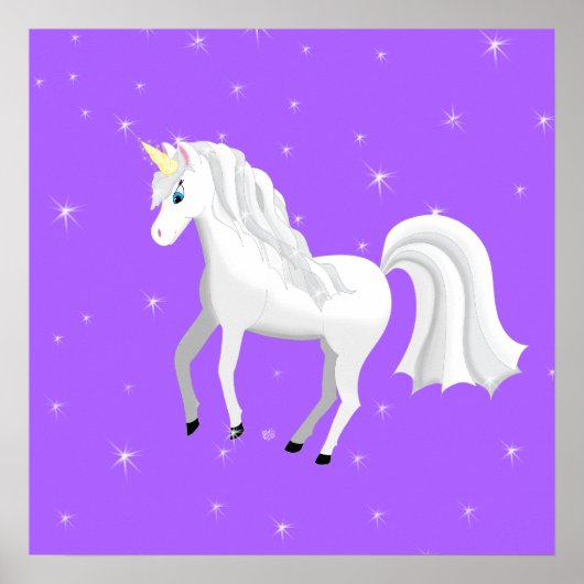 紫の背景と星に魅了されるユニコーン ポスター (正面)