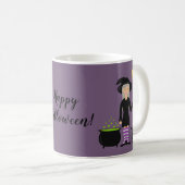 紫の背景に猫と魔女とHappy+Halloweenの文字 コーヒーマグカップ (正面右)