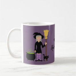 紫の背景に猫と魔女とHappy+Halloweenの文字 コーヒーマグカップ