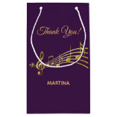 紫の背景に金ゴールドの音符を付けてありがとう スモールペーパーバッグ (裏面)