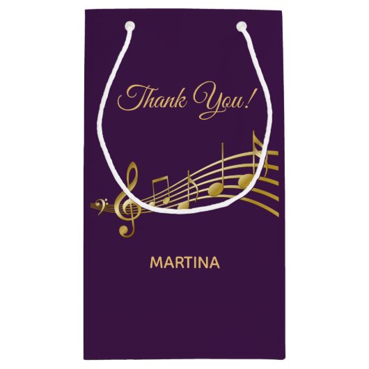 紫の背景に金ゴールドの音符を付けてありがとう スモールペーパーバッグ (裏面)
